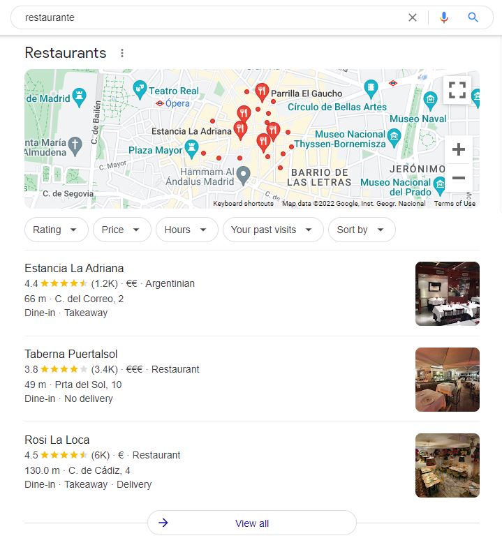 búsqueda restaurante en Google